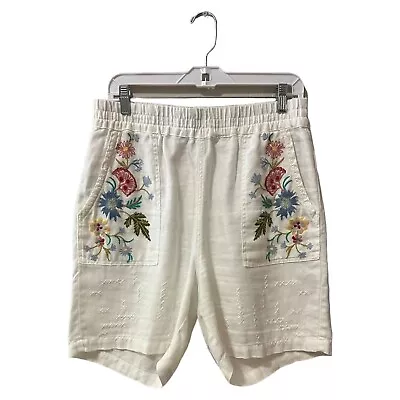 Johnny Was Linen Zanzibar Bermuda Shorts Size M White High Waist Embroidered • $64.13