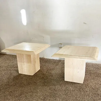 Italian Travertine Square Beveled Top Side Tables - A Pair • $1295