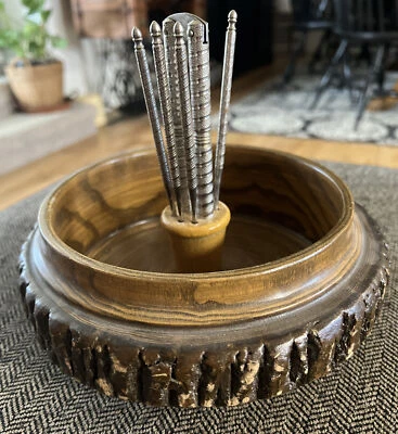 $19.50 • Buy Vintage Wooden Bark Nut Cracker Set 7.5  Bowl W/ Nutcracker & 4 Picks Rustic #3