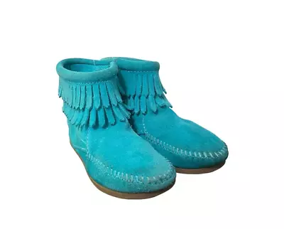 Minnetonka Ankle Boots Double Fringe Moccasin Side Zips Turquoise Suede Youth 12 • £12.16