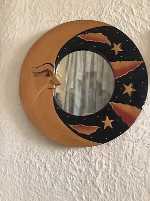 Wooden Round Celestial Half Moon Stars Mirror  Hand Painted Made In Indonesia • $10