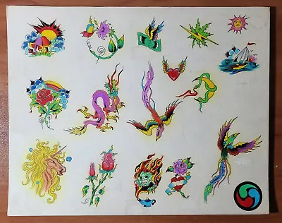 1970s 80s ORIGINAL HAND DRAWN COLORED Vintage Traditional Tattoo Flash Sheet 1 • $199.99