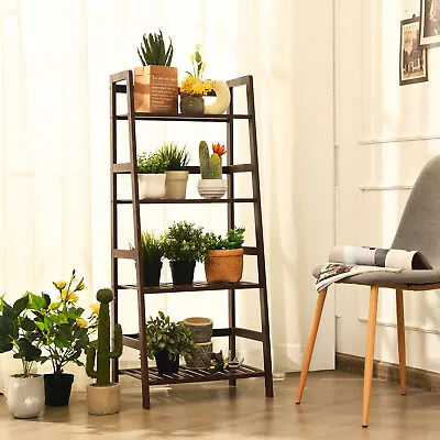 Costway Dark Brown 4-Tier Bamboo Ladder Shelf Plant Display Stand Rack Bookshelf • $54.49