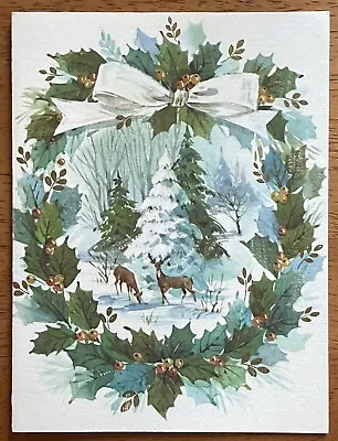 Unused Christmas Deer Woods Wreath Gold White Bow Vintage Greeting Card 1960s • $3.99