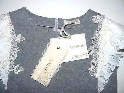 Genuine Monnalisa  Dress Girl 8 Y Gray White Lace Frills Holidays Gorgeous Bnwt • $55