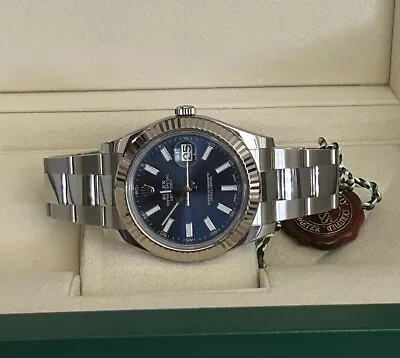 Rolex Datejust II 41mm Watch Model 116334 Blue Index Dial Fluted 18k Gold Bezel • $11995