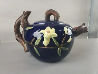 Vintage Majolica Pottery Teapot Deep Blue With Floral And Vine Design • $50