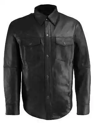 Mens Genuine Lambskin Leather Full Sleeves Shirt Jacket Uniform Black Slim Biker • $118.99