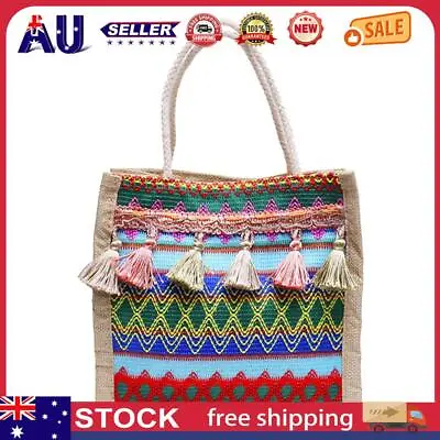Women Linen Shoulder Bag Retro Ethnic Large Tassels Tote Handbag (Blue) AU • $9.04