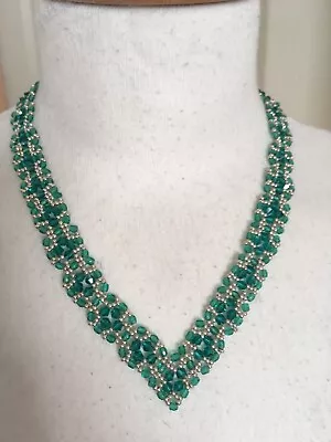 Statement Necklace Green Glass Bi-cone Beads & Silver Tone Seed Beads V-Shape • £10