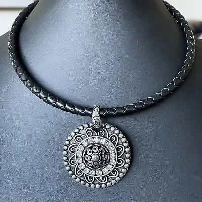 Chico's Black Woven Leather Choker Necklace Rhinestone Mandala Medallion Pendant • $19.99