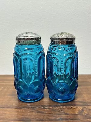 Vintage Mid-Century LE Smith Moon & Stars Teal Blue Glass Salt & Pepper Shakers • $20