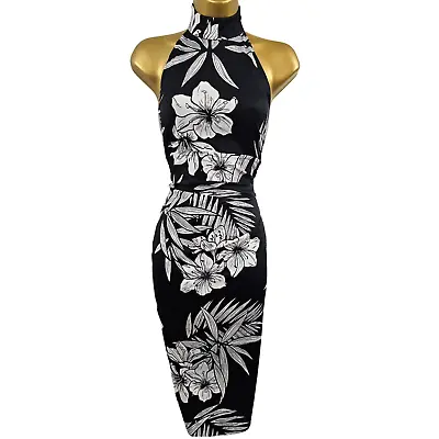 KAREN MILLEN 10 UK Black Oriental Chinese Flower Print Halterneck Cocktail Dress • £69.99