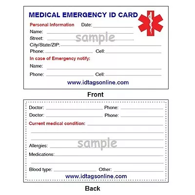 Medical Emergency Wallet Card For Medical Alert Id Bracelets And Dog Tags. • $1.49