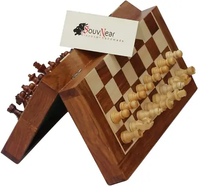 10  Vintage Wooden Chess Set Wood Board Hand Crafted Pieces Folding Game Magnet • $45.99