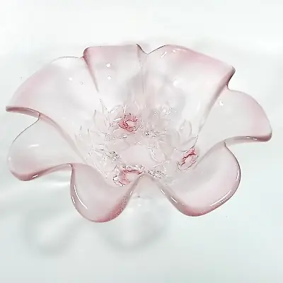 Vintage Mikasa Walther Rosella Ruffle Edge Flower Bowl Pink Clear Glass Dish 8” • $24.99