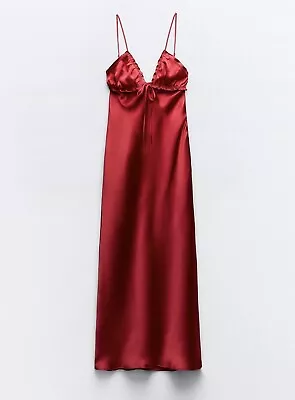 Zara Ruffled Satin Valentine Red Midi Dress Brand New Medium Stunning • £59