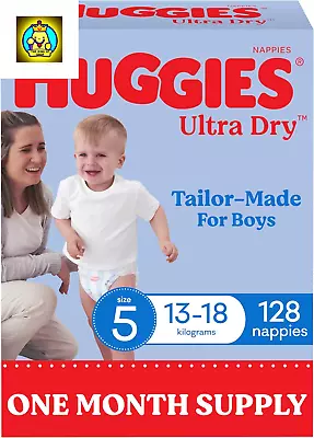 Ultra Dry Nappies Boys Size 5 (13-18Kg) 128 Count - One Month Supply (Packaging  • $112.27