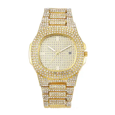 Mens Hip Hop Bling Full Diamond Rhinestone Quartz Watch Wrist Watches • £10.79