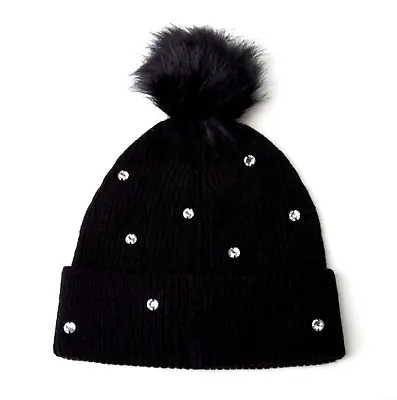 New Michael Kors Ribbed Knit Pom Beanie Hat Cap Black Sparkle One Size NWT $78 • $14.99