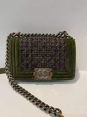 CHANEL Small Mixed Tweed & Moss Green Velvet Boy Bag AUTHENTICATED • £1900