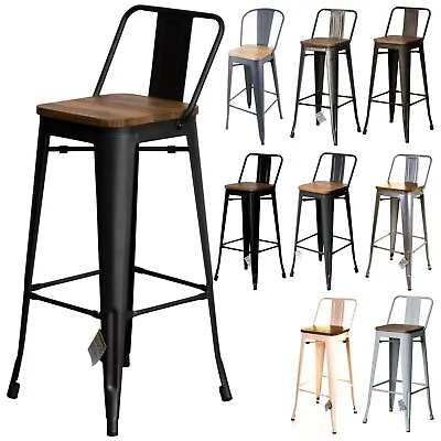 Bar Stool Metal High Backrest Chair Industrial Vintage Design Cafe Wooden Seat • £49.99