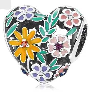 Flower  Daisy Lily Rose Bloom Bouquet Heart Bead Charm - 925 Sterling Silver • £11.99