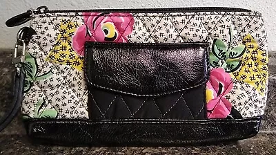 Vera Bradley Black Quilted Wristlet Clutch Bag With Pink Flower 8.5x5 • $15.26