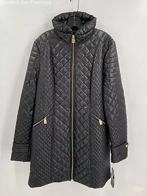 NWT Via Spiga Womens Black Long Sleeve Full Zipped Pockets Quilted Coat Size XL • $44.99