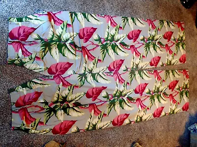 Vtg 50s BARK CLOTH 90 X 31 Pleat Panel Gray Background Rose Red Anthurium Floral • $59.95