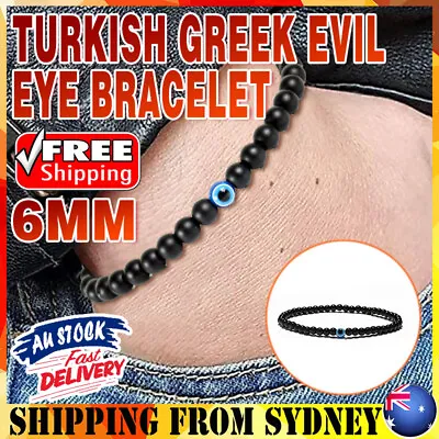 Turkish Greek Evil Eye Bracelet 6mm Elastic Cord Black Bead Handmade Unisex AU • $5.65