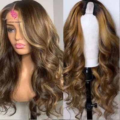 Blonde Highlight U Part Human Hair Wig Glueless Body Wave With Black Roots Women • $145.31