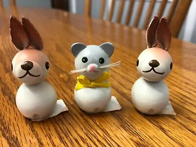 Salvo Wood 2 Rabbit Dolls & 1 Cat Toy RARE Made In USSR Russia Hand Painted  • $15