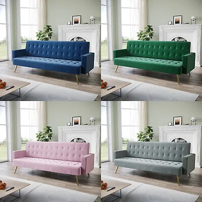 Multicolor Luxury Velvet Sofa Bed 3 Seater Nonwoven Contrast Gold Metal Legs • £199.98