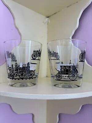 Vintage Set Of 2 Libbey Antique Car White & Black Enamel Highball Glasses • $15