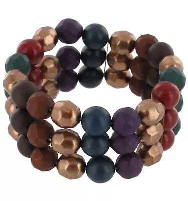 Vintage Multi Color Purple Red Green Copper Beaded Multi Strand Stretch Bracelet • $10.39