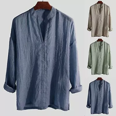 Mens Casual Cotton Linen Shirt Long Sleeve Loose Blouse Button Down Shirts Tops • $13.34