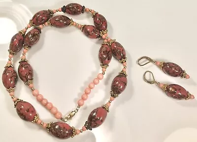 Murano Venetian Vintage Glass Salmon Color Gold Foil Beaded Set (c710a) • $149.99