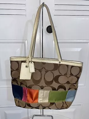 Coach Khaki Signature Legacy Stripe Gold Leather Shoulder Tote 10859 L051022 • $49