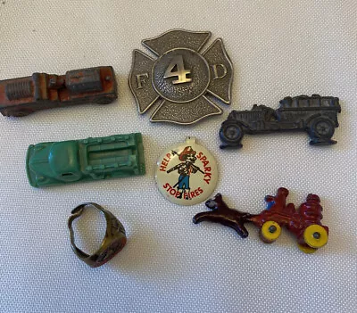 Vintage Fire Trucks Metal & Plastic Toys Badge & Jr. Fire Marshal Ring Sparky • $6.98