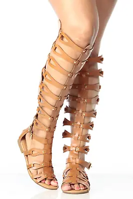 A17 Womens Knee High Buckle Embellish Caged Gladiator Sandals • $9.99