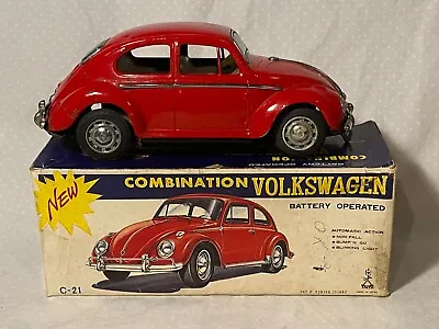 Vintage TIN TAIYO JAPAN RED VW VOLKSWAGEN BEETLE BUG BATTERY OPERATED BOX W-64 • $155