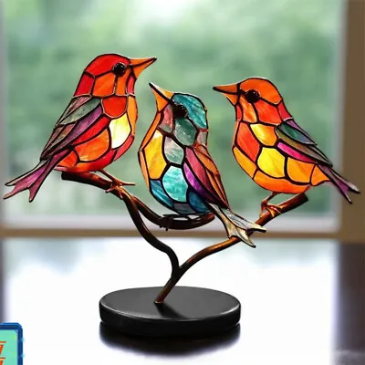 Stained Glass Birds On Branch Desktop Vivid Ornament Metal Crafts Desktop Decor· • £10.34