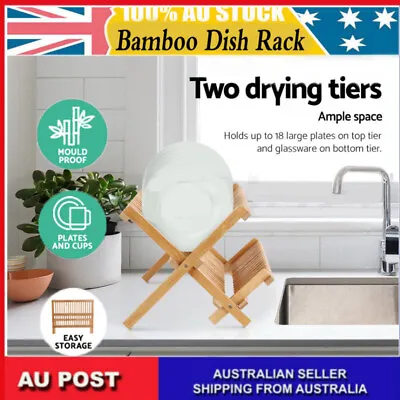 Double Tier Wooden Dish Drainer Foldable Bamboo Draining Rack Large Capacity BE • $22.98