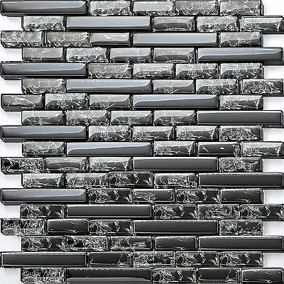 £7.98 • Buy Black Crackle And Plain Glass Wall Mosaic Tiles Designer Block Effect GTR10074