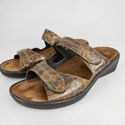 Mephisto Mobils Sandals Women EU 40 US 10 Wedge Slide Brown Leather Croc Shoes • $34.99