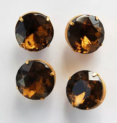 VINTAGE LARGE GLASS BUTTONS SMOKED TOPAZ In BRASS SETTING 20mm • $7.99