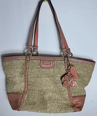 Coach Alexandra Studded Beige Coral Straw Patent Leather Tote F21959 EUC! $398 • $65