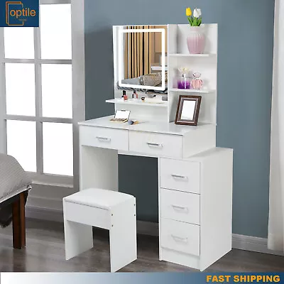 White Vanity Set W/ LED Lighted Mirror Makeup Dressing Table Dresser Desk Table • $168.85