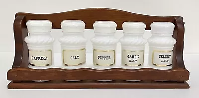 Vintage Milk Glass Spice Jars With Original Wood Rack Ma Leck Woodcrafts • $35